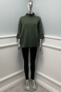 High Neck, Pearl &  Diamanté Studded, Button Sleeve Detailed, Viscose & Modal Knitted Jumper