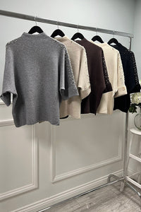 High Neck, Pearl &  Diamanté Studded, Button Sleeve Detailed, Viscose & Modal Knitted Jumper