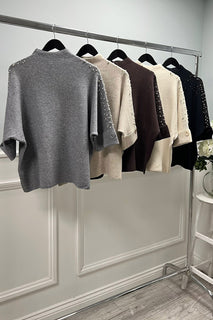 High Neck, Pearl &  Diamanté Studded, Button Sleeve Detailed, Viscose & Modal Knitted Jumper
