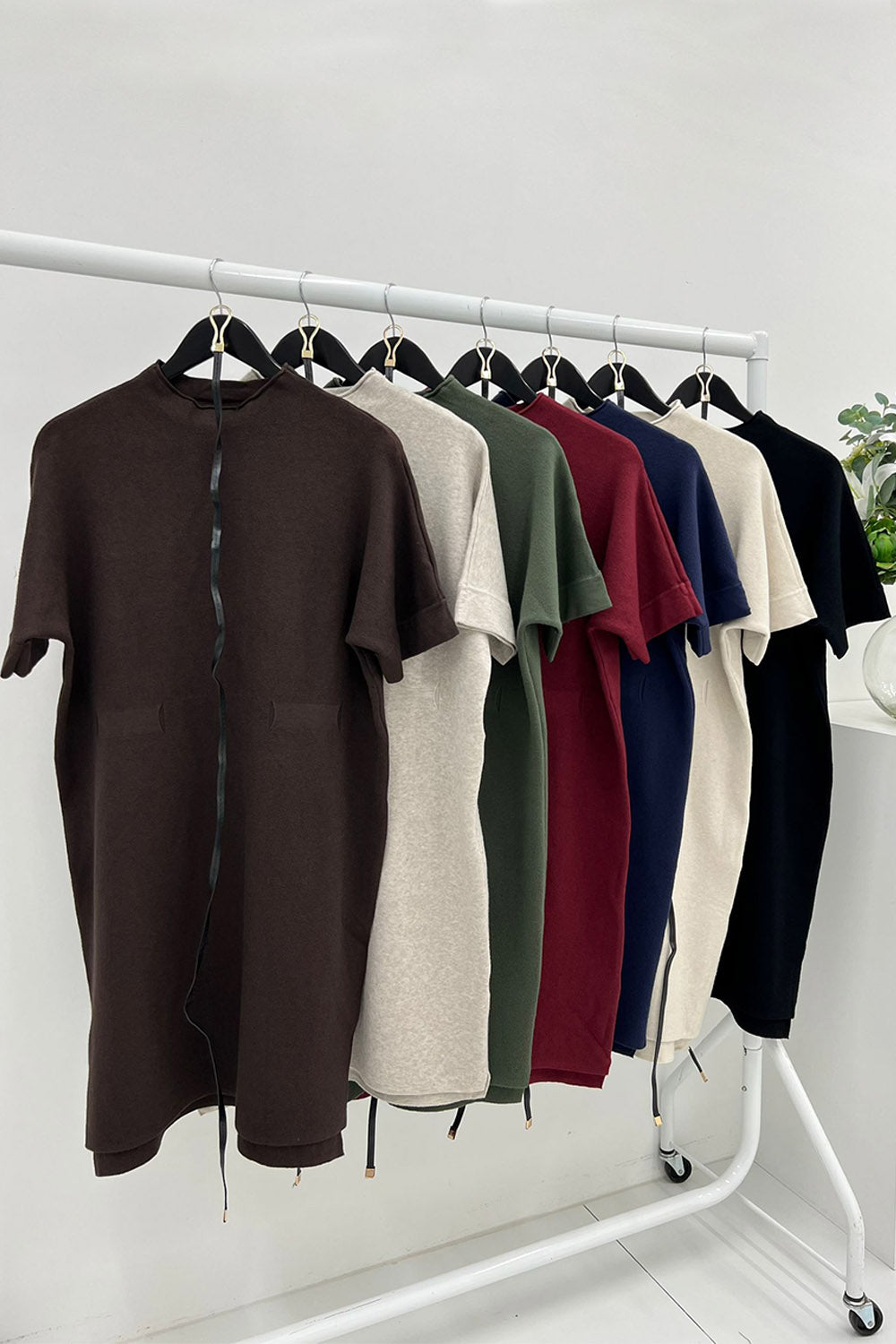 High mock neck , short-sleeve knit dress with slim belt