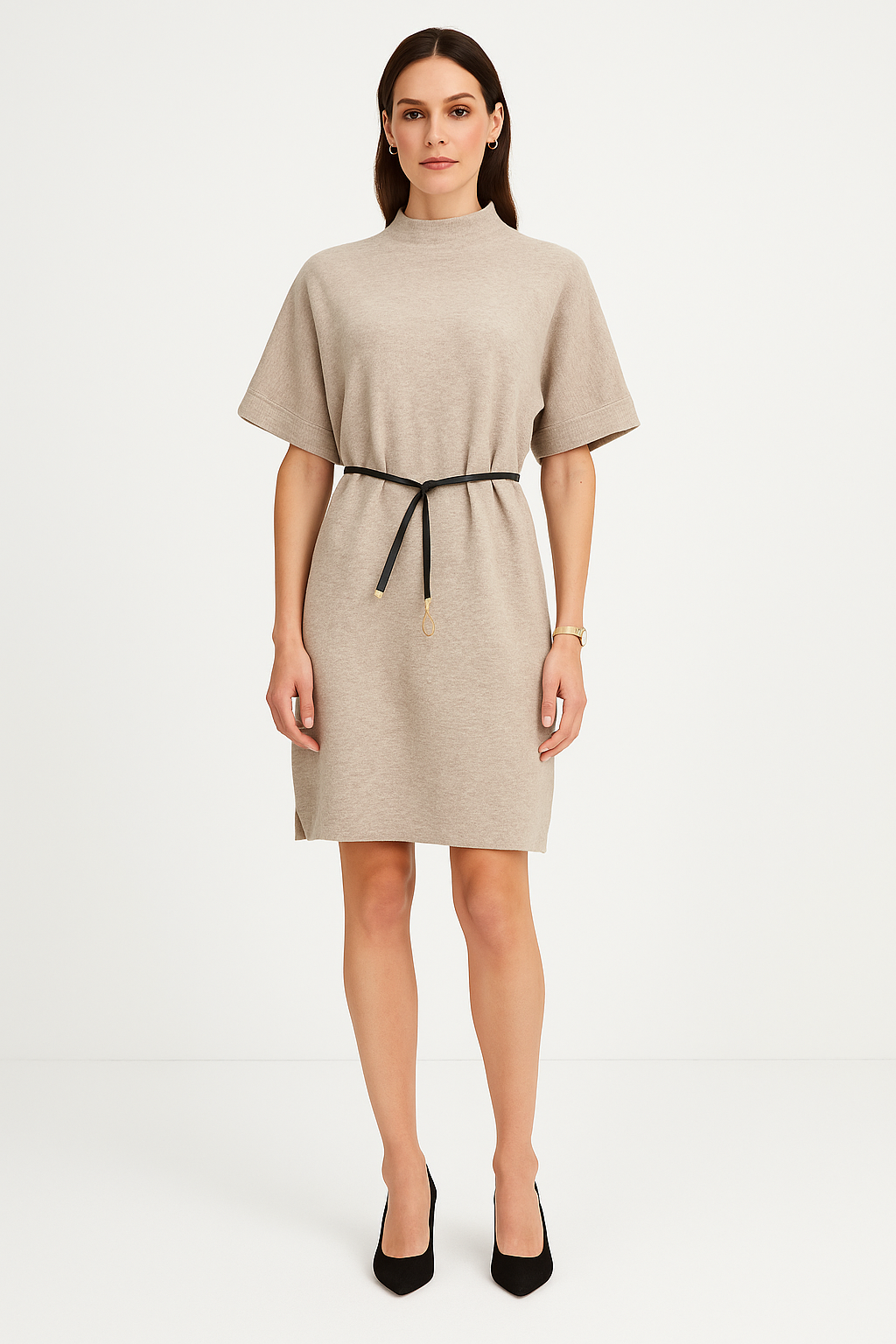High mock neck , short-sleeve knit dress with slim belt