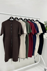 High mock neck , short-sleeve knit dress with slim belt