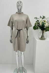 High mock neck , short-sleeve knit dress with slim belt