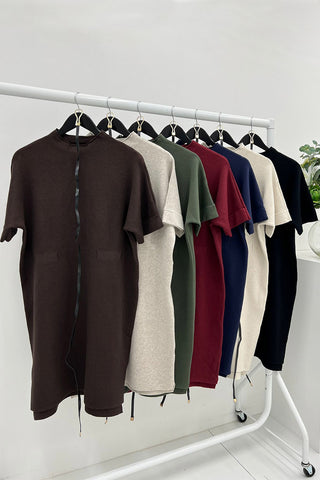 High mock neck , short-sleeve knit dress with slim belt