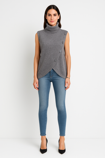 Button Detailed, Viscose & Modal Knitted, Wrap Over Roll Neck Waistcoat