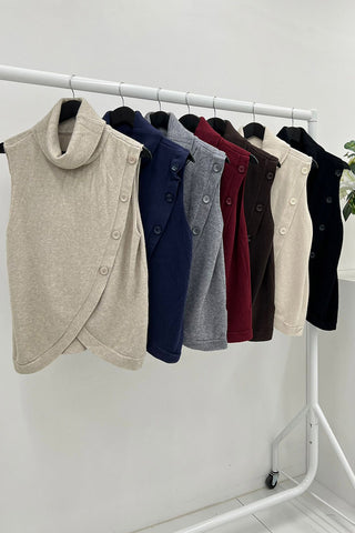 Button Detailed, Viscose & Modal Knitted, Wrap Over Roll Neck Waistcoat