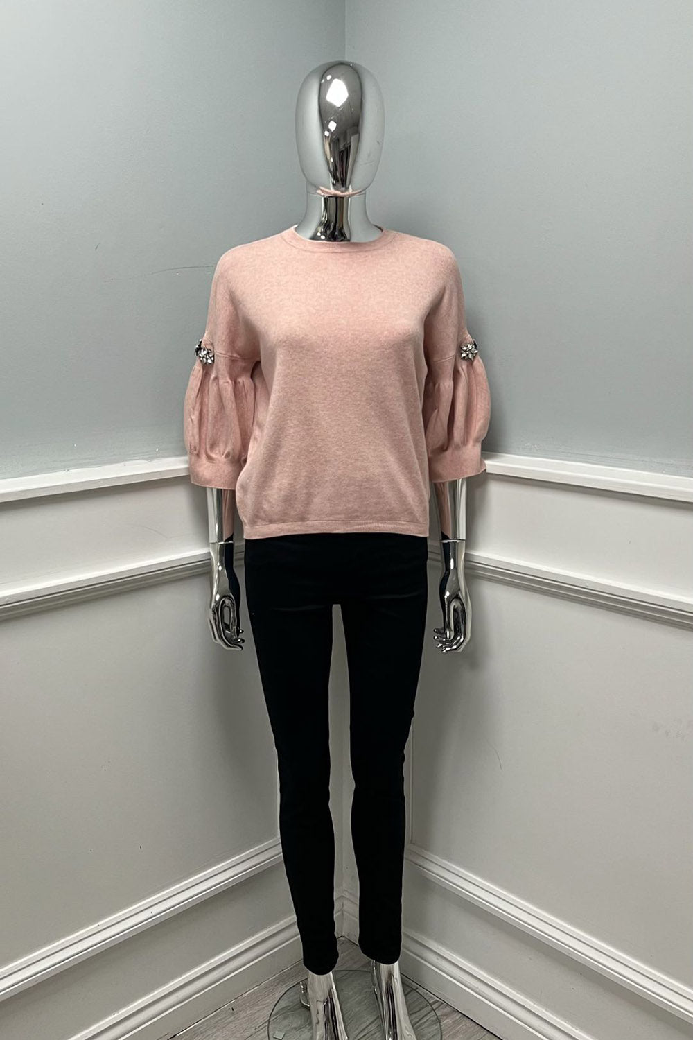 Soft blush knit — puff sleeves with crystal accents