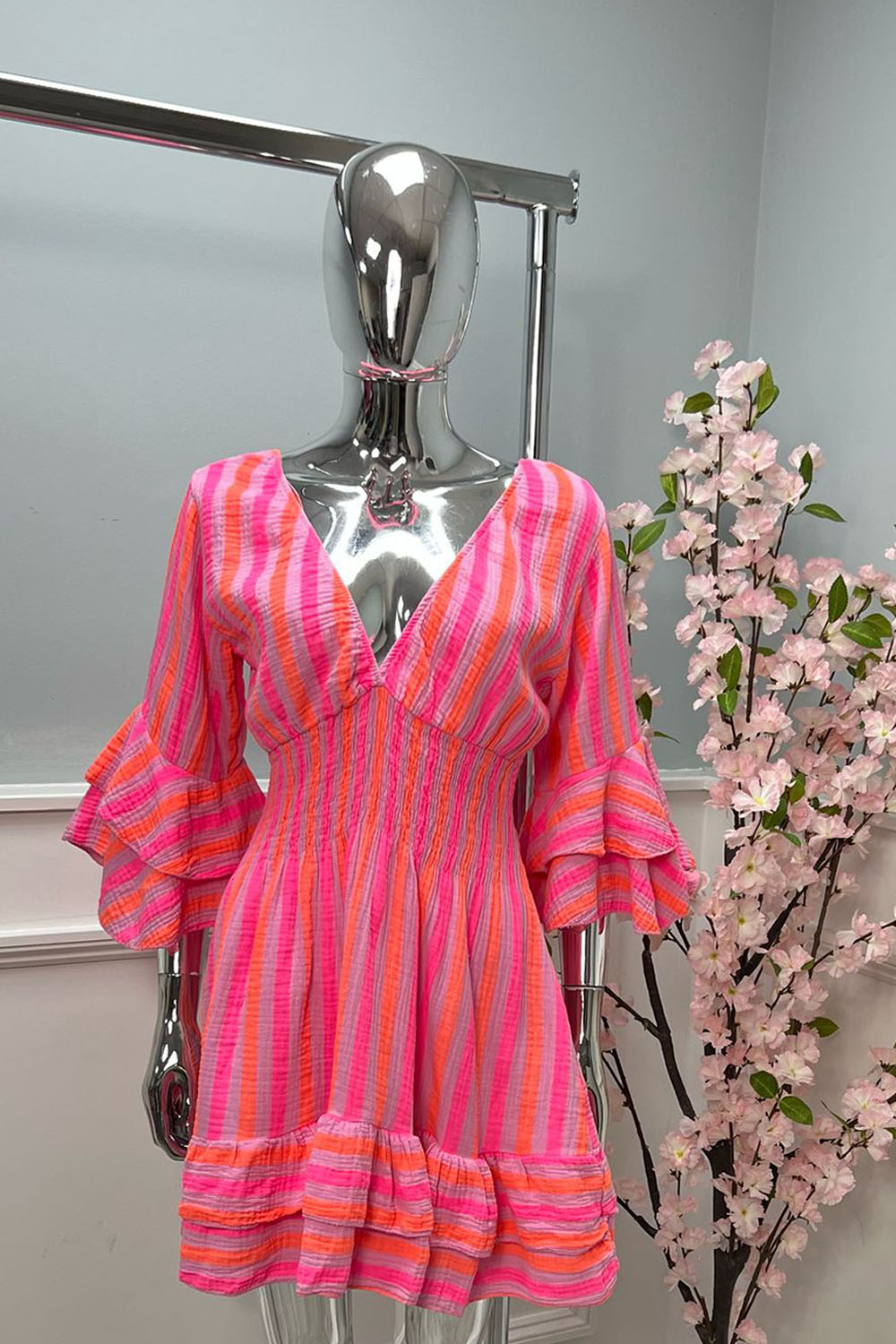 V-Neck, Frill Sleeve & Hem, Elasticated Waist, Cheesecloth Dress