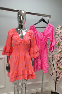 V-Neck, Frill Sleeve & Hem, Elasticated Waist, Cheesecloth Dress
