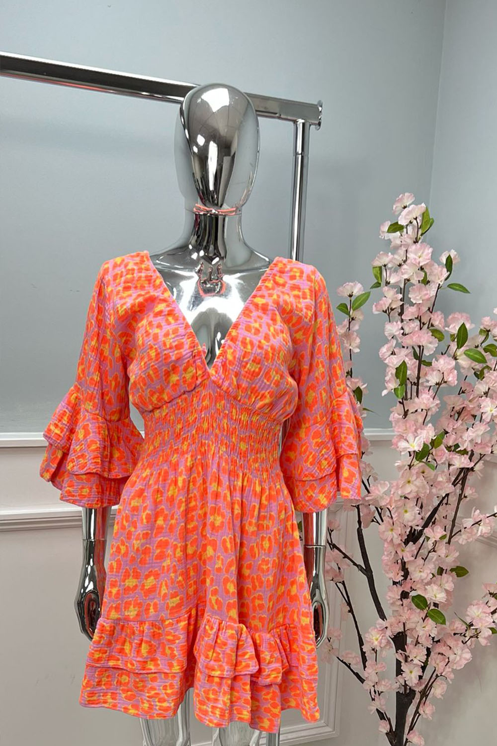 V-Neck, Frill Sleeve & Hem, Elasticated Waist, Cheesecloth Dress