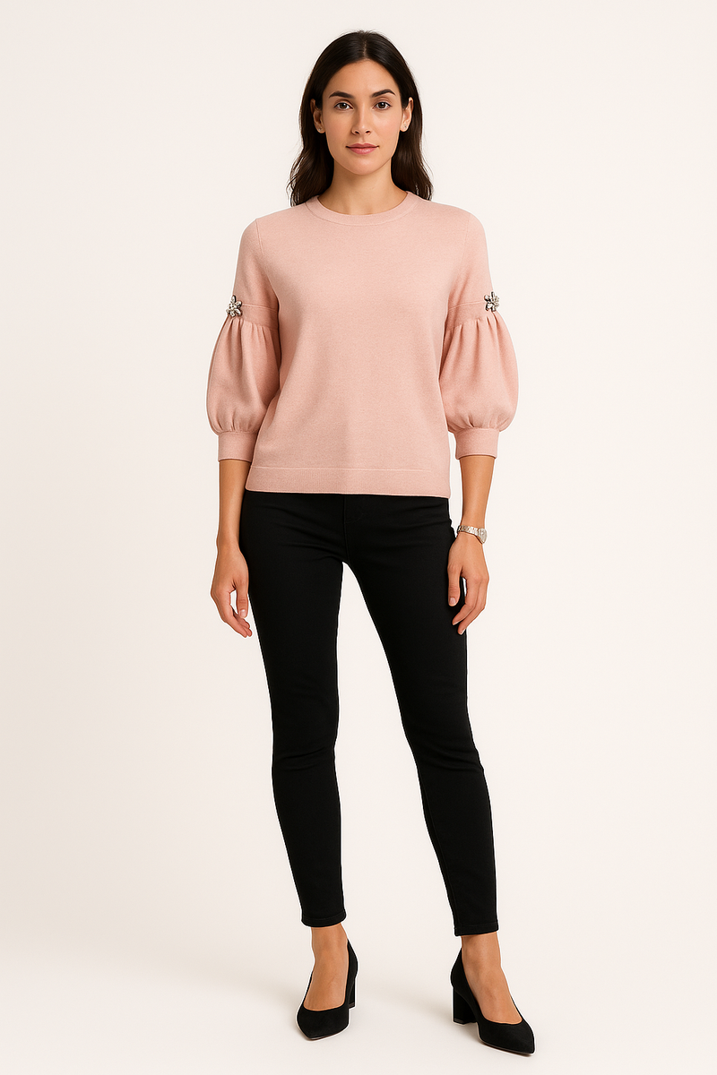 Soft blush knit — puff sleeves with crystal accents