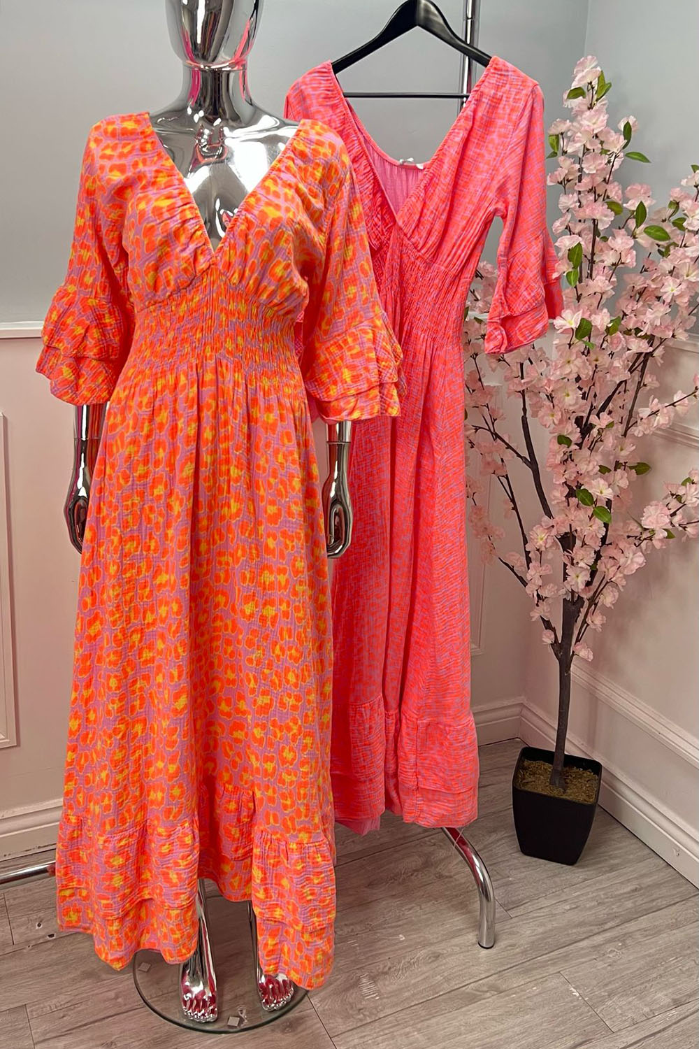 V-Neck, Elasticated Waist, Frill Sleeve & Hem, Cheesecloth Dress