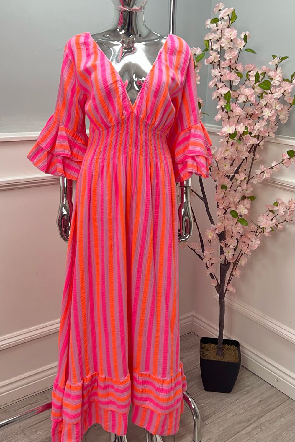 V-Neck, Elasticated Waist, Frill Sleeve & Hem, Cheesecloth Dress