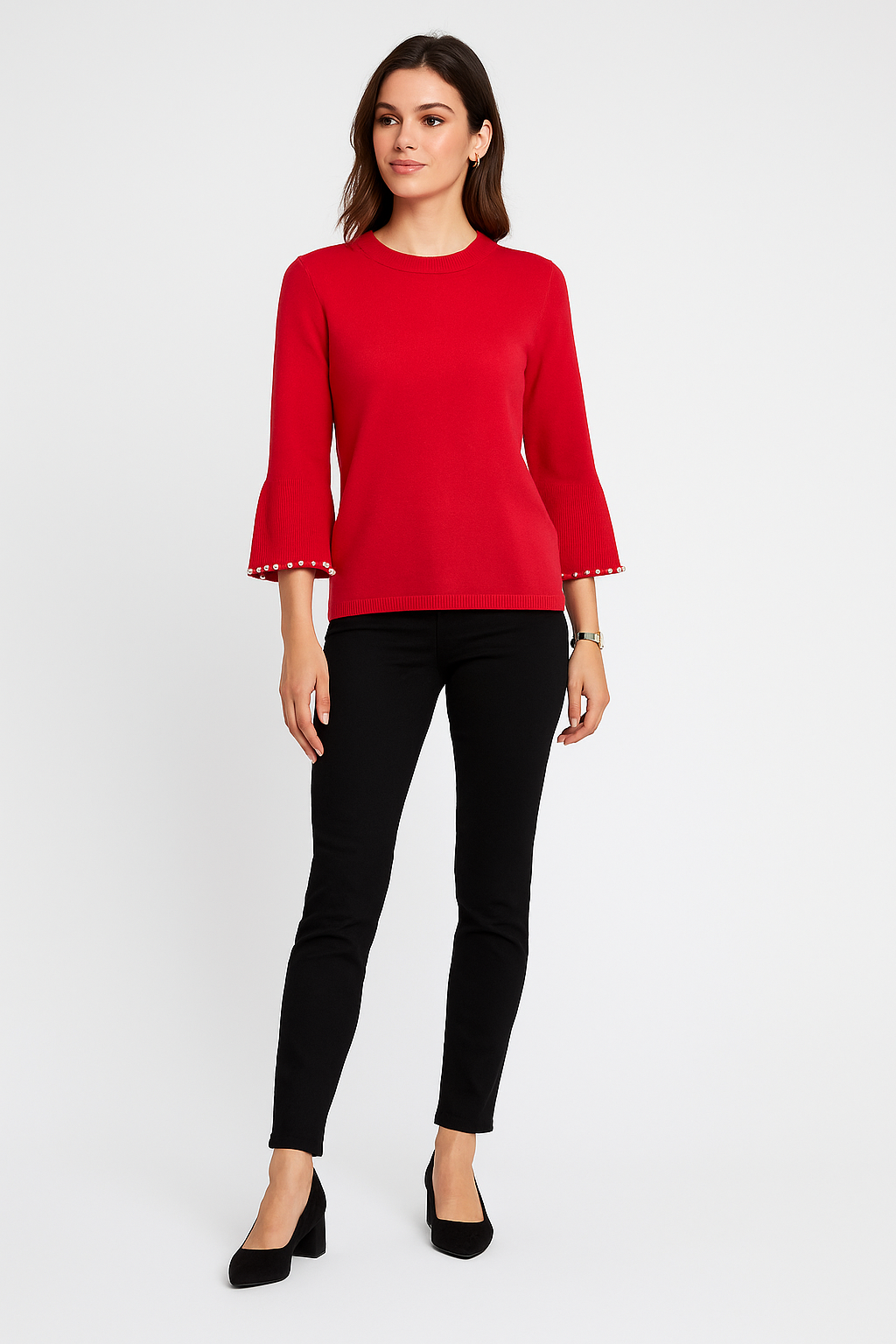 Knitted Jumper with statement flared sleeves detailed with pearl trims
