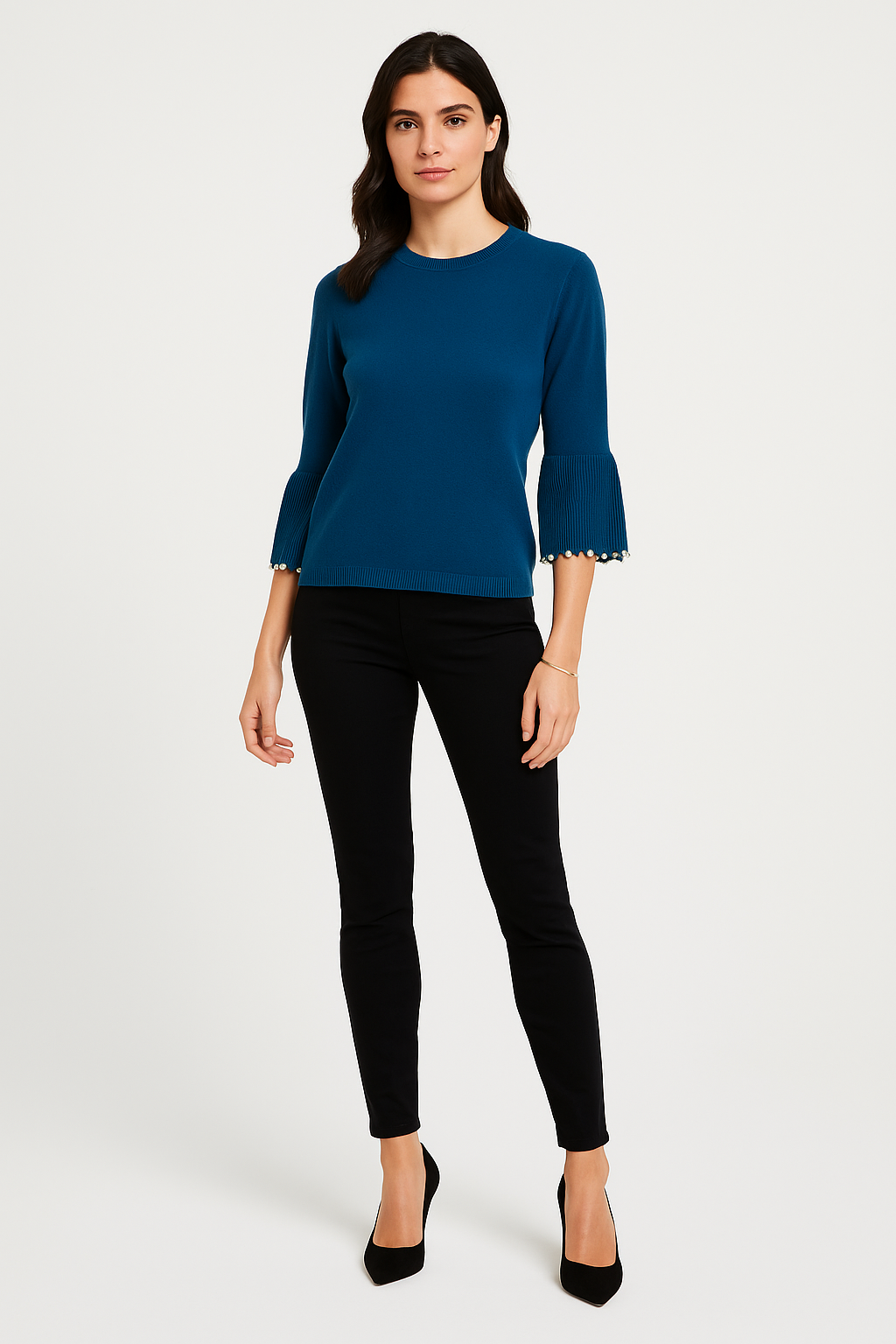 Knitted Jumper with statement flared sleeves detailed with pearl trims