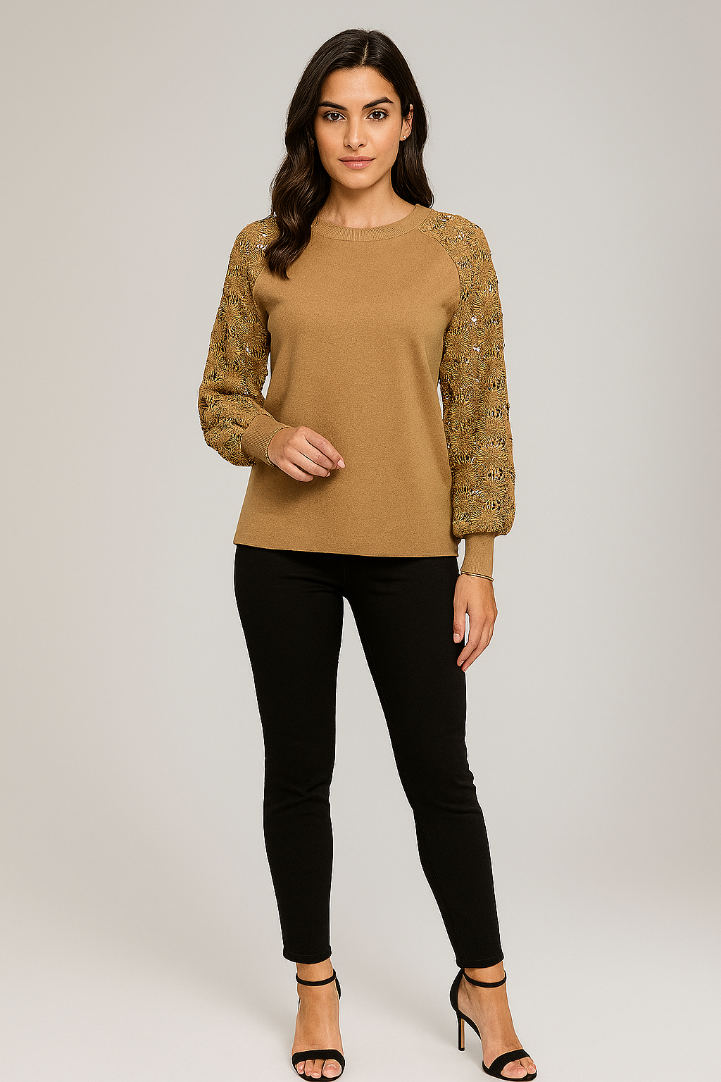 Round Neck, Crochet Lace Sleeve Detailed, Elasticated Cuff, Viscose & Modal Knitted Jumper