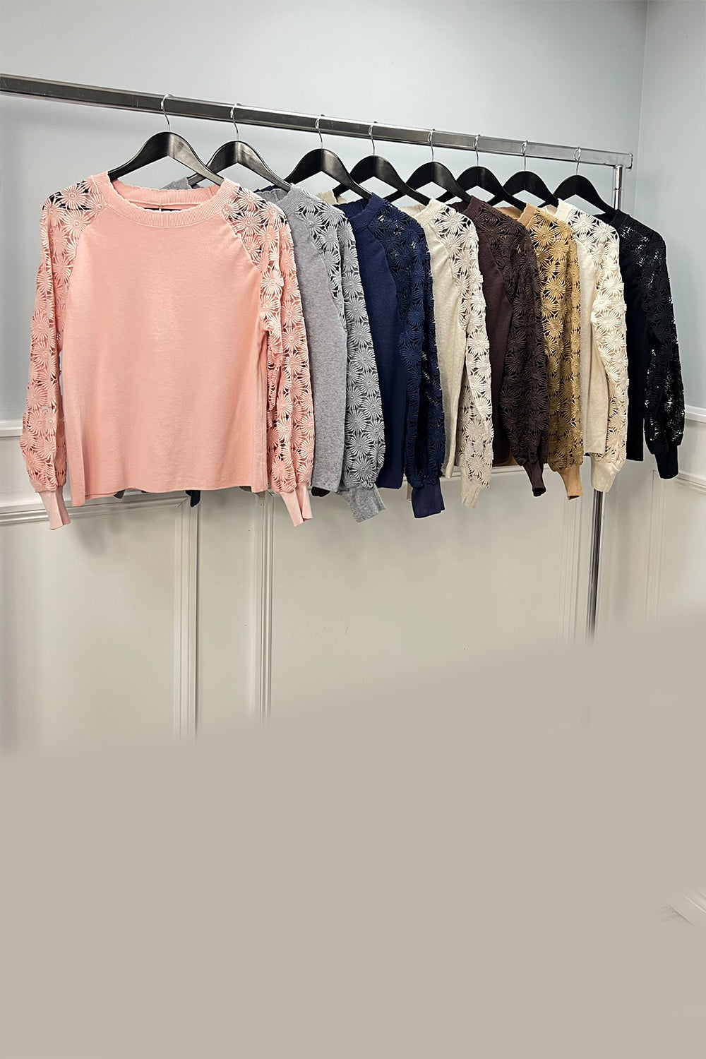 Round Neck, Crochet Lace Sleeve Detailed, Elasticated Cuff, Viscose & Modal Knitted Jumper