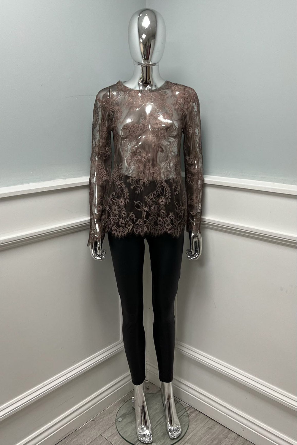 Round Neck , long sleeves semi-sheer lace top