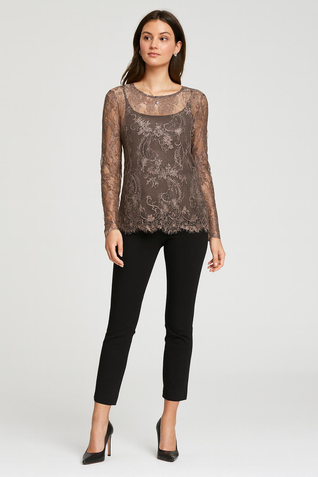 Round Neck , long sleeves semi-sheer lace top