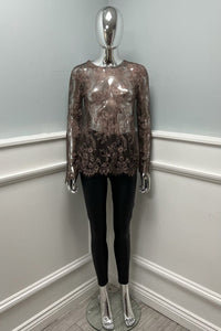 Round Neck , long sleeves semi-sheer lace top