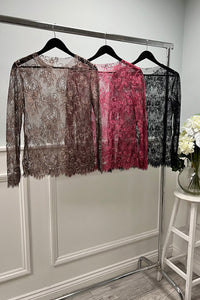 Round Neck , long sleeves semi-sheer lace top