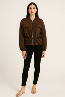 High Neck, Zip Through, Tie Front Detailed, Two Pocket Bomber Jacket
