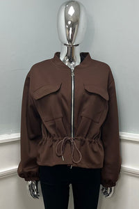 High Neck, Zip Through, Tie Front Detailed, Two Pocket Bomber Jacket