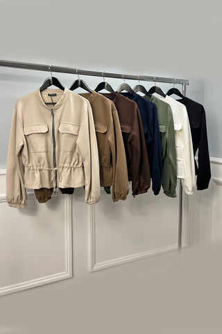 High Neck, Zip Through, Tie Front Detailed, Two Pocket Bomber Jacket.