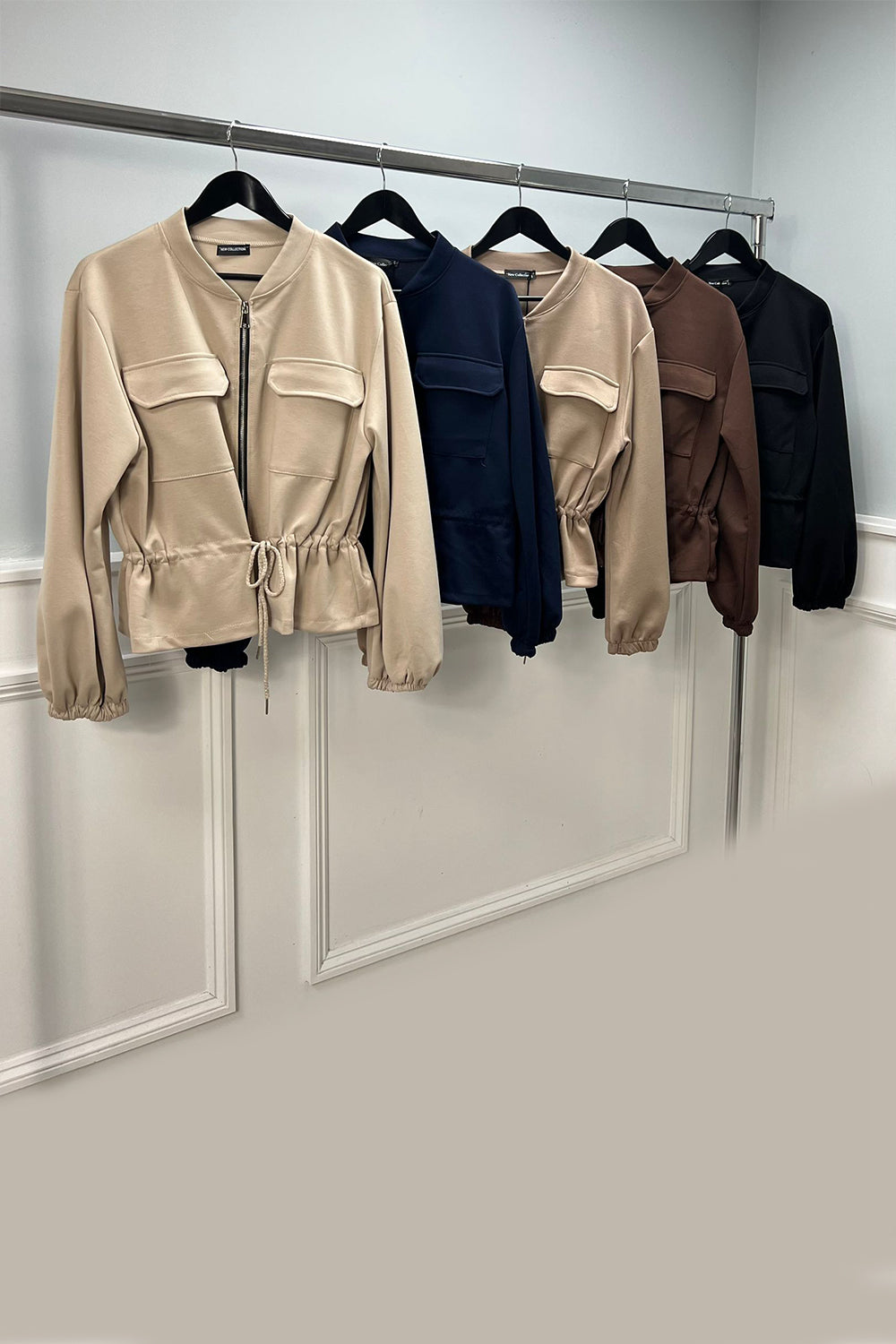 High Neck, Zip Through, Tie Front Detailed, Two Pocket Bomber Jacket