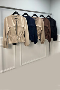 High Neck, Zip Through, Tie Front Detailed, Two Pocket Bomber Jacket