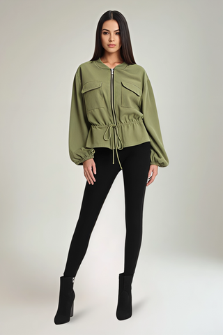 High Neck, Zip Through, Tie Front Detailed, Two Pocket Bomber Jacket.