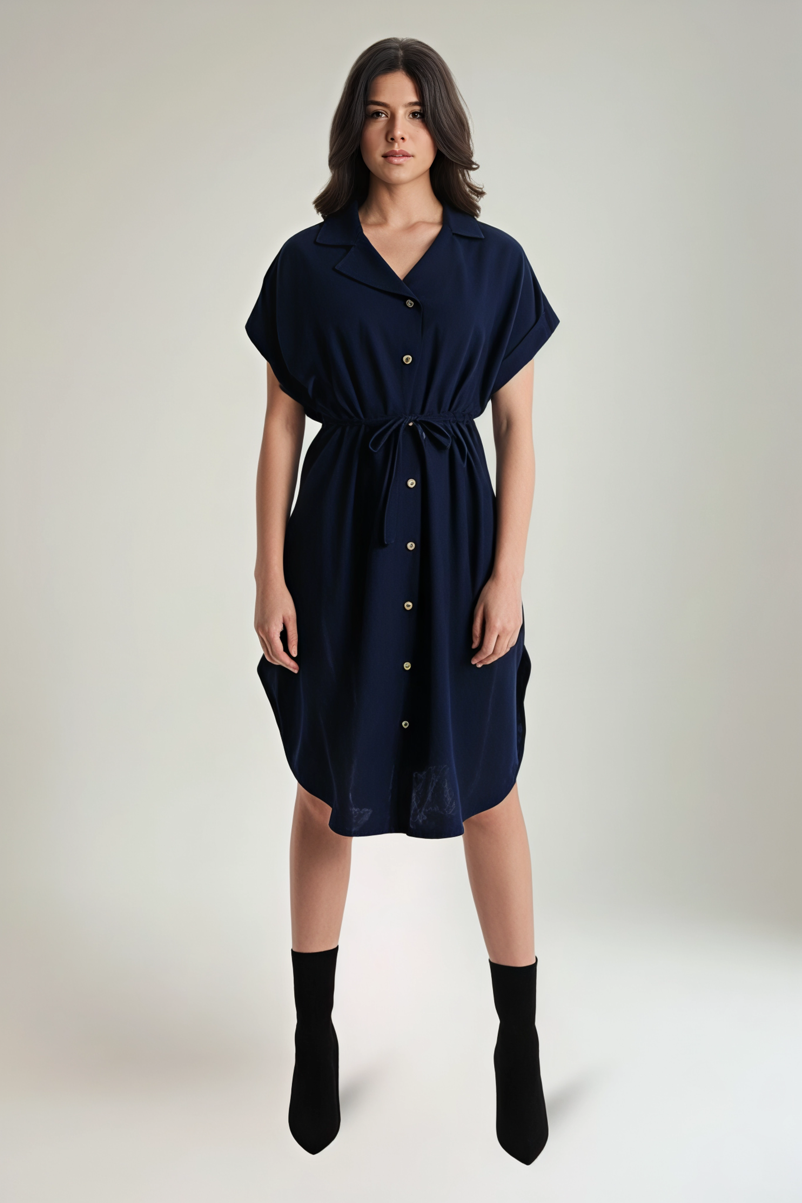 Collared, Button Through, Tie Front Detailed, Two Pocket Viscose Dress.