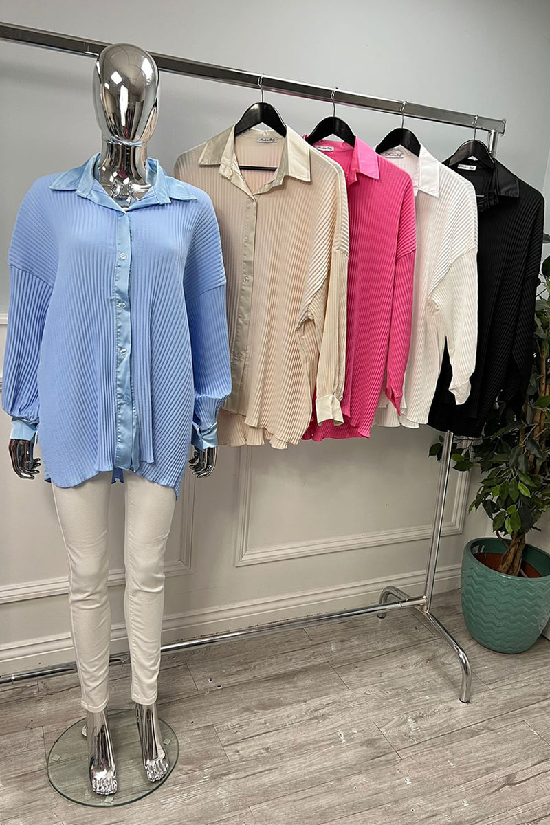 Satin Collared & Trim Detailed, Pleated Shirt.