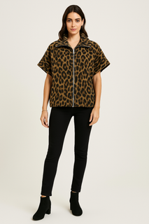 Leopard Print Short-sleeve zip-up jacket