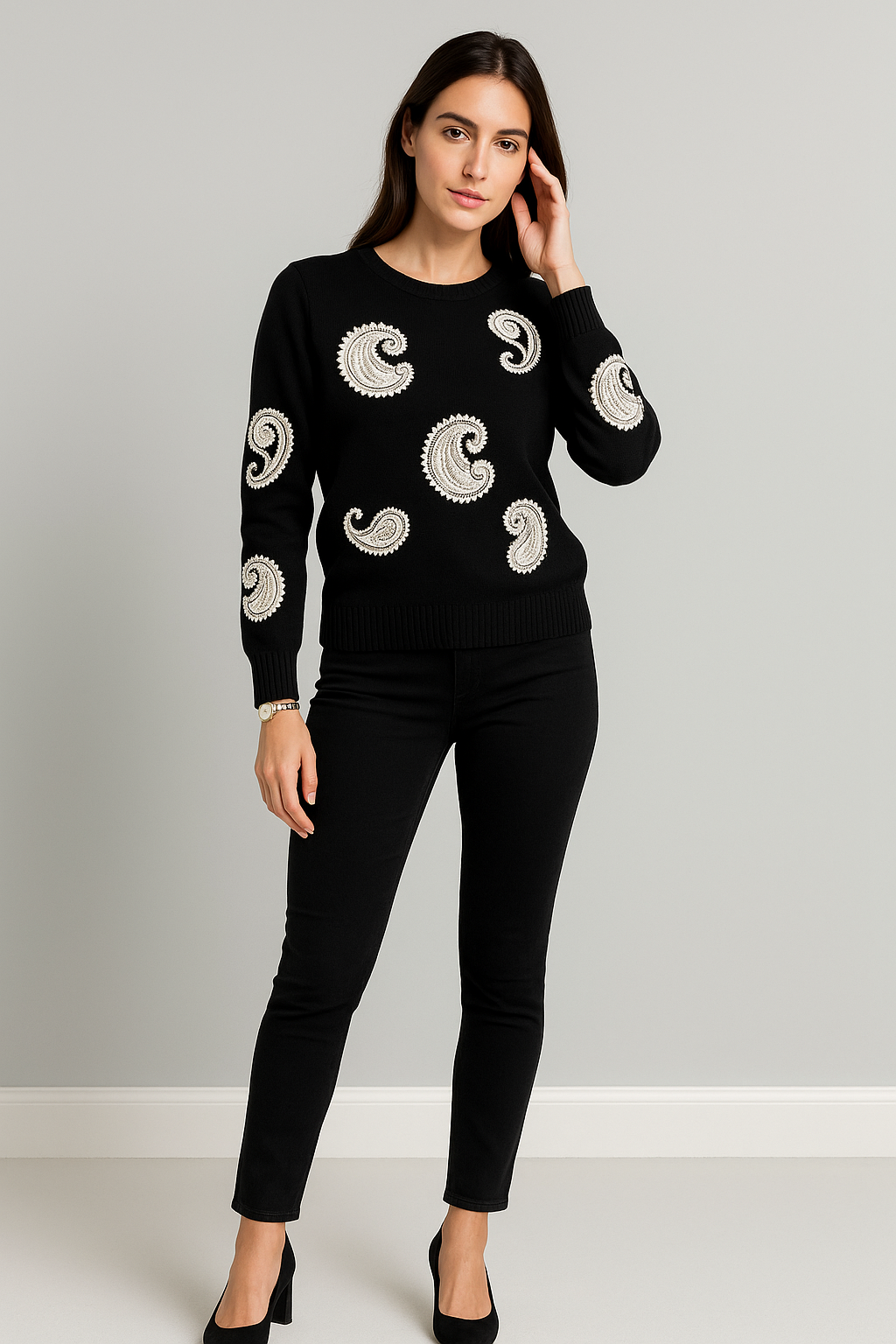 Round Neck, Paisley Embroidery Detailed, Elasticated Cuff, Viscose & Polymide Knitted Jumper
