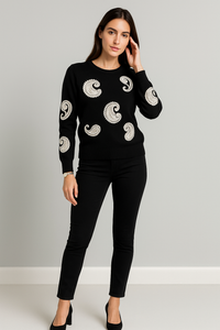 Round Neck, Paisley Embroidery Detailed, Elasticated Cuff, Viscose & Polymide Knitted Jumper