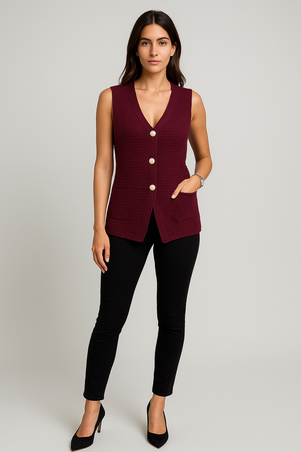 V-Neck, Button Through, Viscose Knitted Waistcoat.