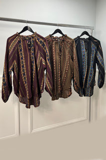 Boho Print Peasant Blouse, designed with a gathered round neckline and a keyhole tie detail