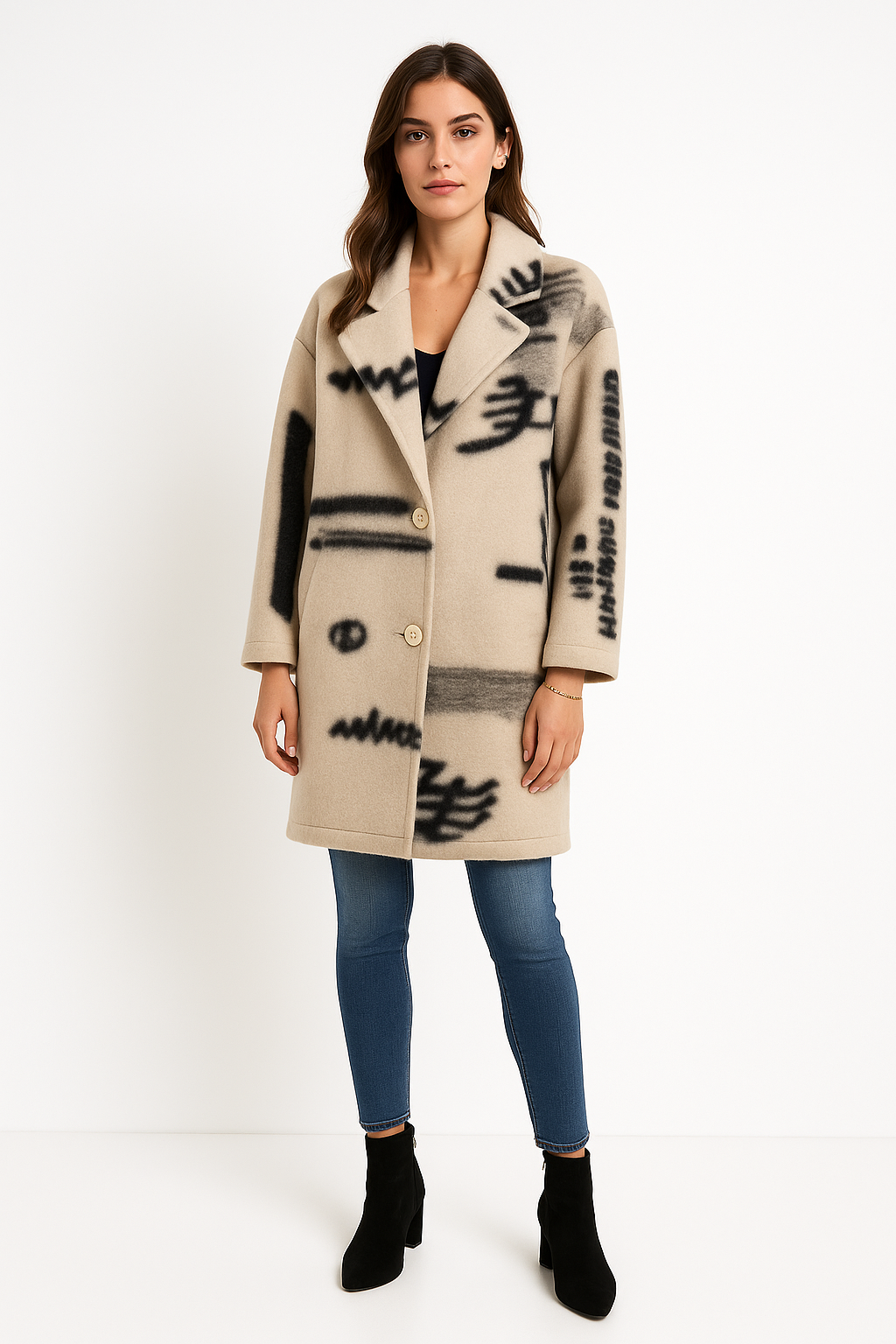 Oversized , wool-blend jacket with chic notched lapel collar and button-down front
