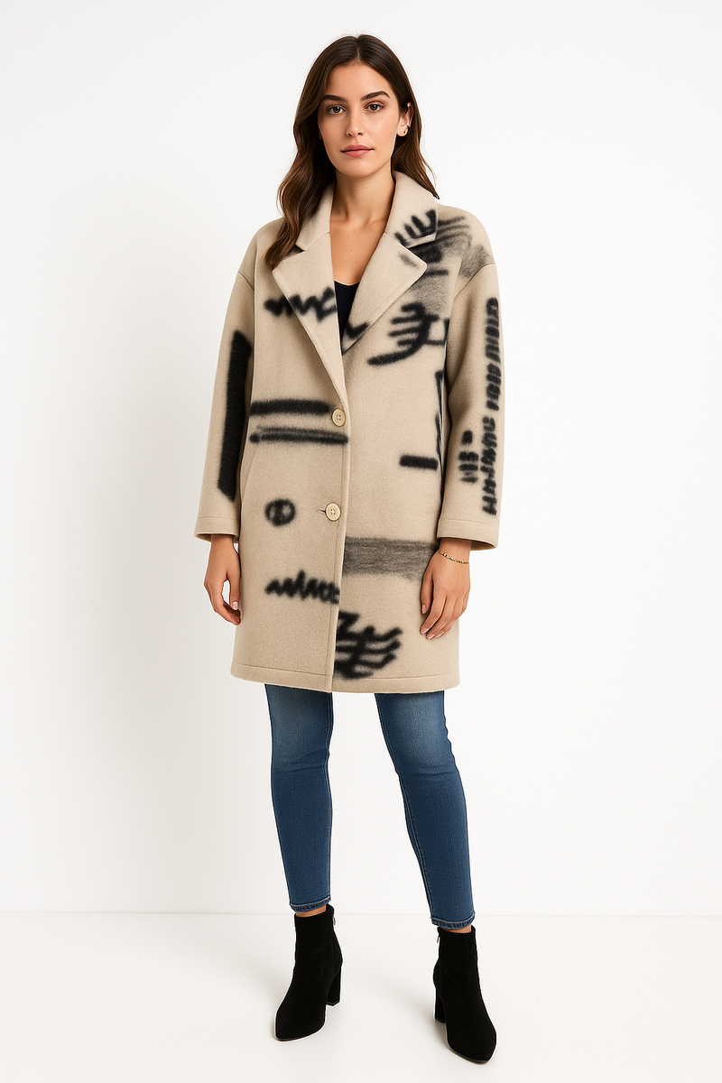 Oversized , wool-blend jacket with chic notched lapel collar and button-down front