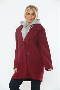 Zip Through, Button Detailed, Two Pocket Coat with Hoodie