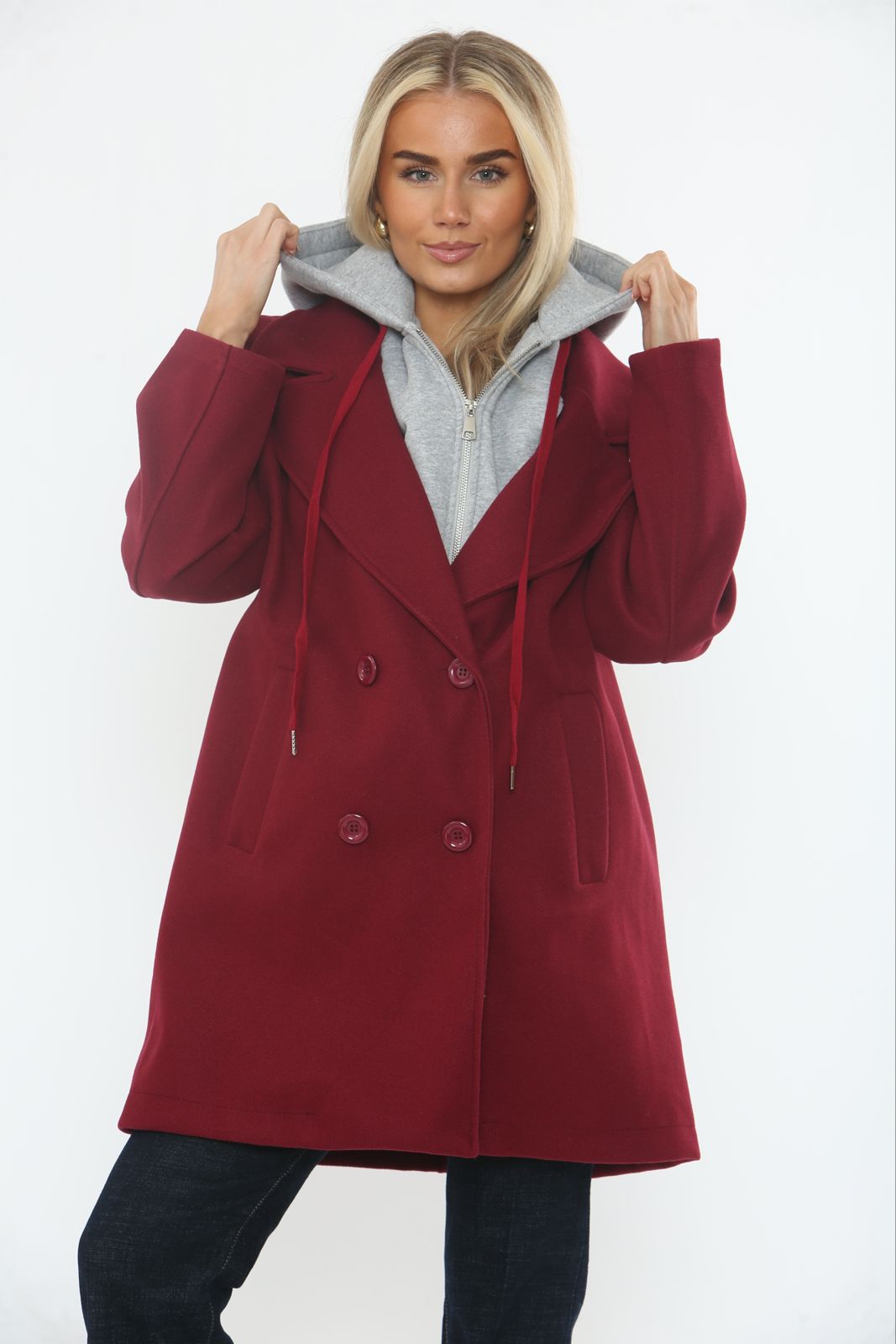 Zip Through, Button Detailed, Two Pocket Coat with Hoodie