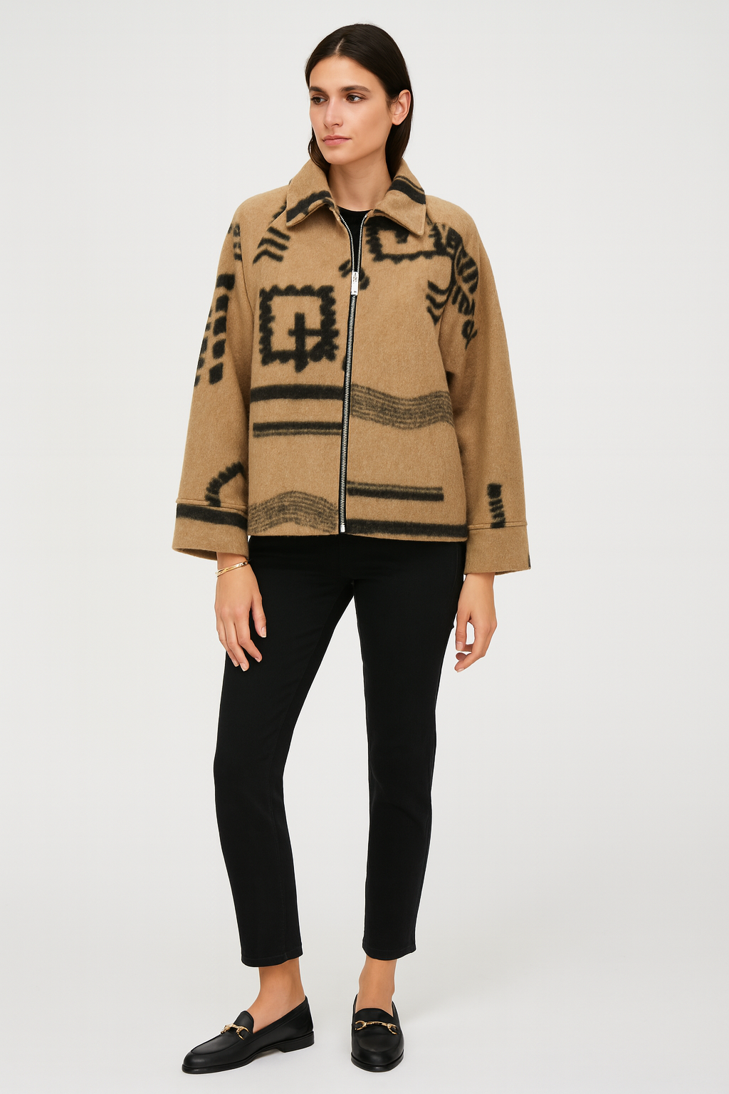 Cropped wool jacket with bold abstract patterns