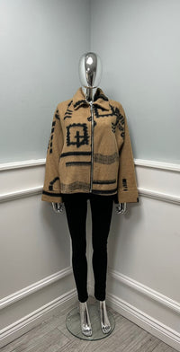 Cropped wool jacket with bold abstract patterns