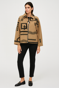 Cropped wool jacket with bold abstract patterns