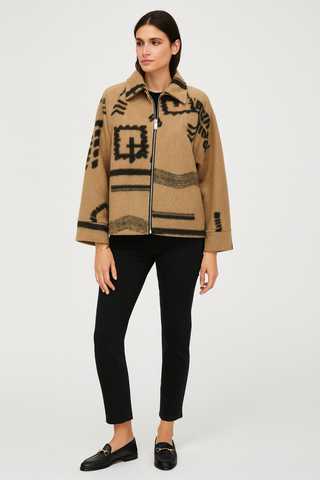 Cropped wool jacket with bold abstract patterns