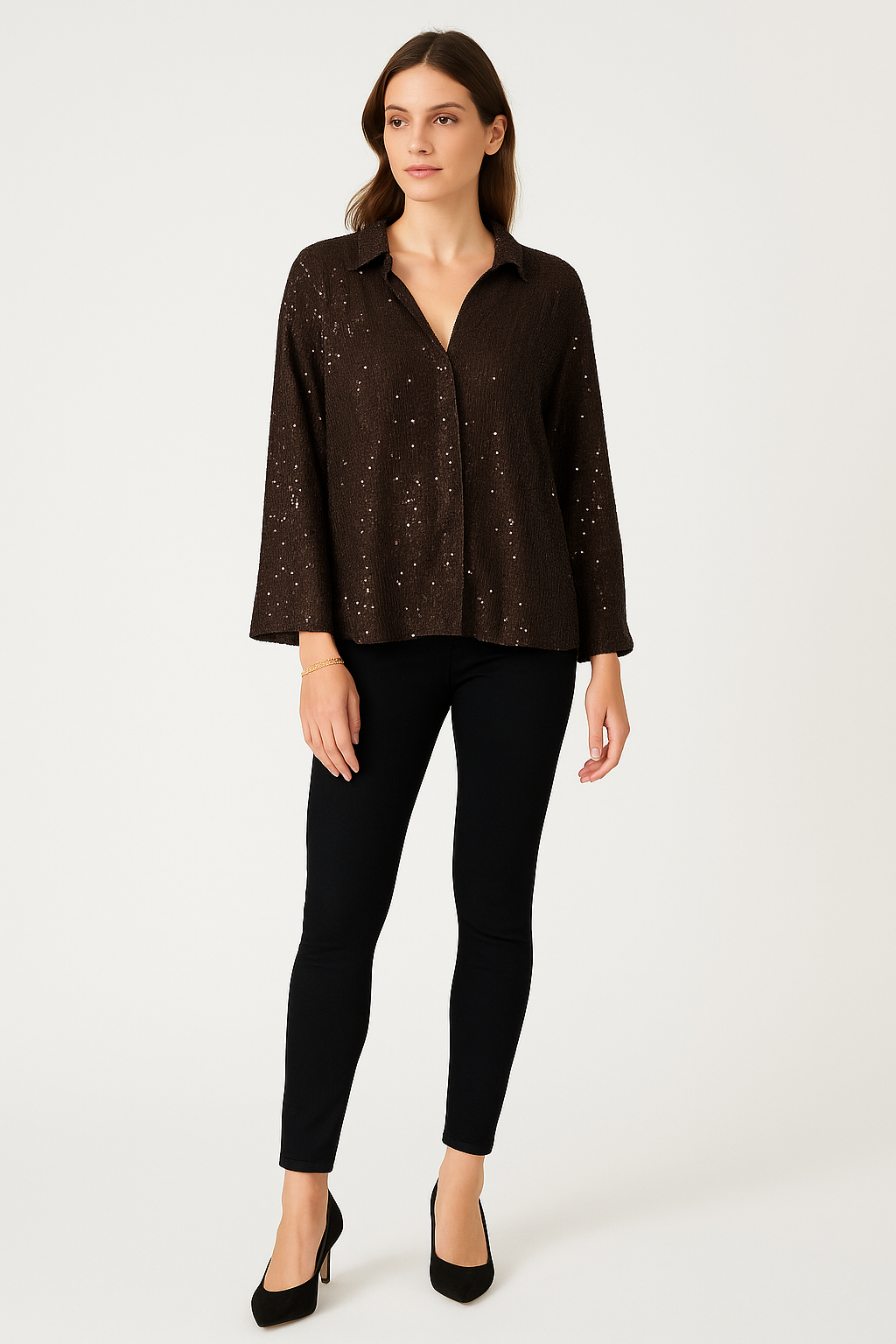 Collared, V-Neck, Elasticated Cuff Sequin Top