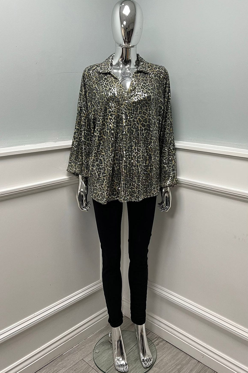 Collared, Elasticated Cuff, Leopard Print Sequin Top