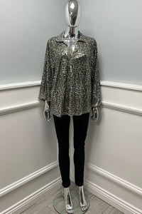 Collared, Elasticated Cuff, Leopard Print Sequin Top