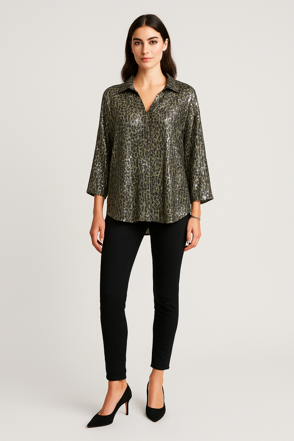 Collared, Elasticated Cuff, Leopard Print Sequin Top